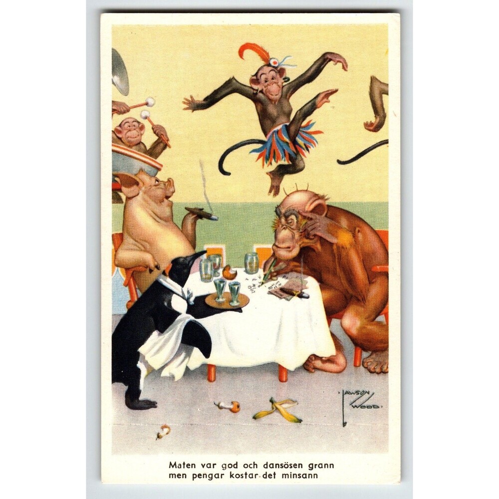 Dressed Monkey Penguin Pig Postcard Larson Wood Signed Fantasy Anthropomorphic